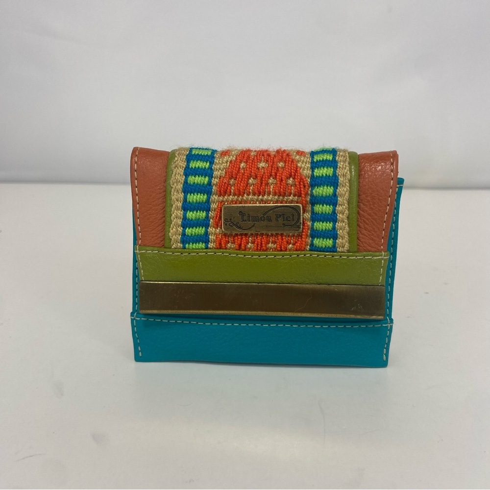 Orange and Green Compact Wallet with Multiple Layers and Decorative Pattern